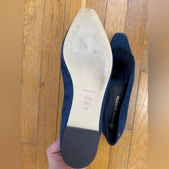 Tory Burch Navy Loafers with Black Pom Poms - Picture 4 of 5